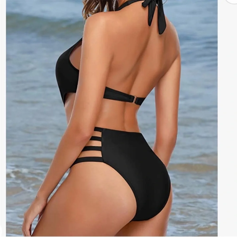 Tempt Me one piece high neck halter swim suit with cut out sides black size XL